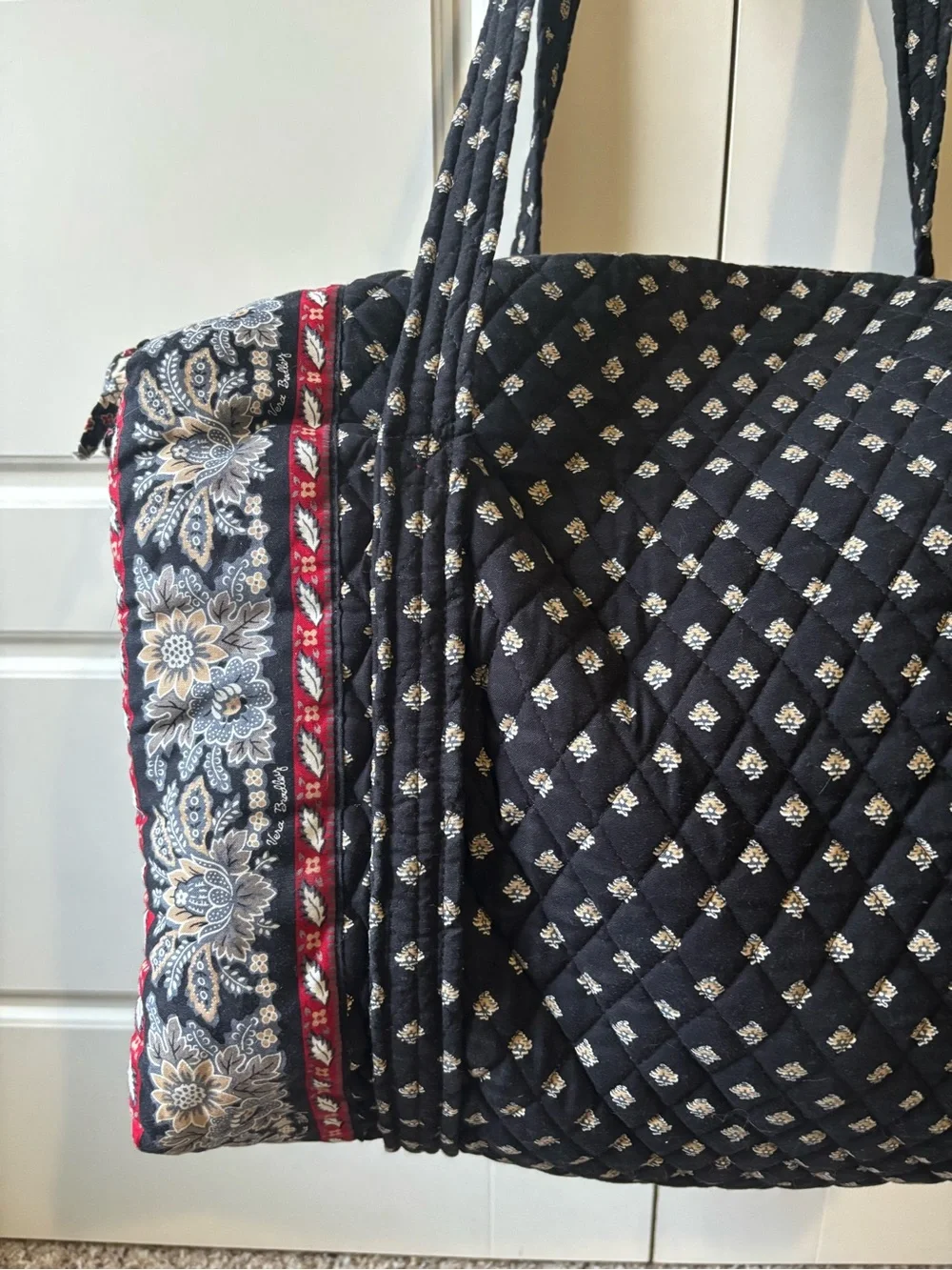 Vera Bradley Black Quilted Travel Duffel with Red and Cream Floral Trim